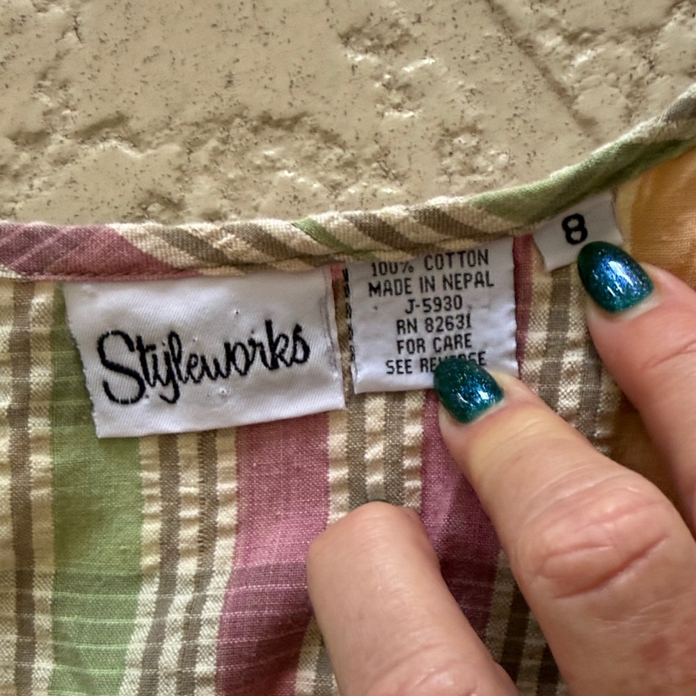 VTG Cotton Striped Green, Pink, and Tan Midi Dress - Picture 4 of 10